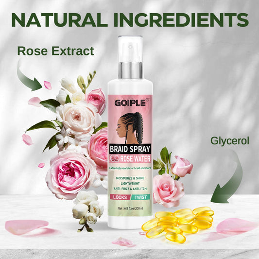 Goiple Braid Spray application on braids with rose water for scalp comfort