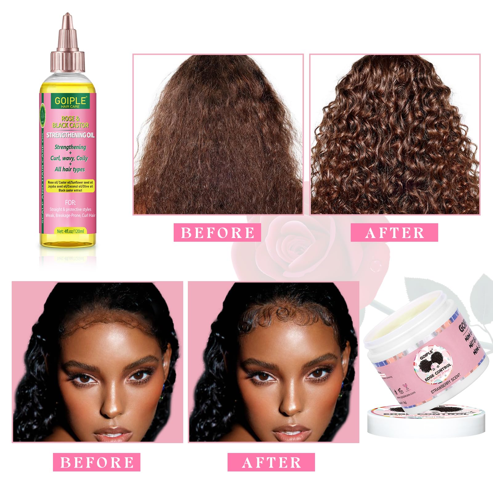 Goiple Rose & Castor Oil showing nourished hair in 6-in-1.