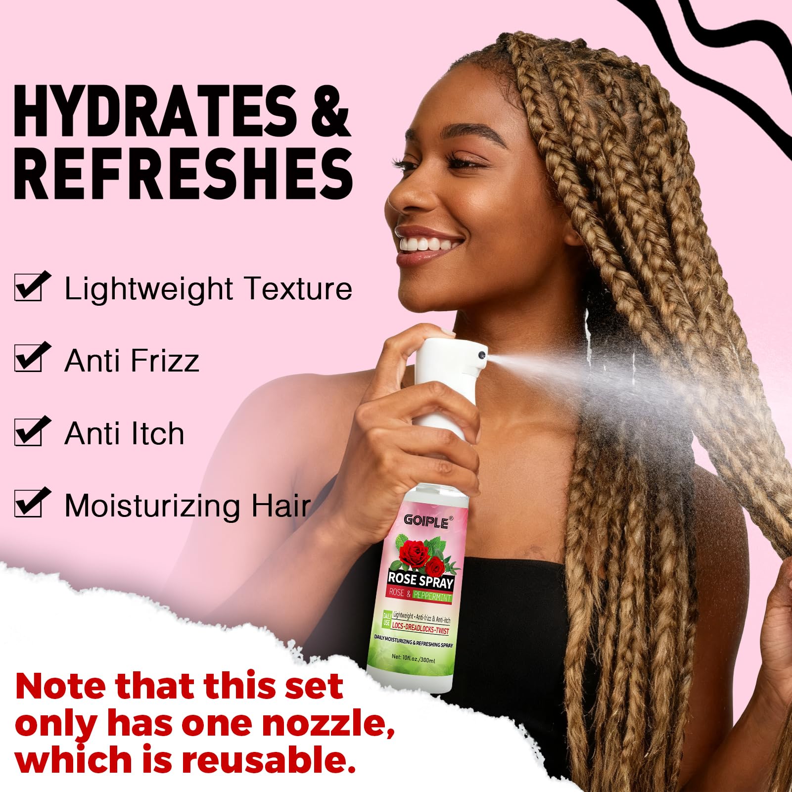 Goiple Rose Water Spray braids definition with a light, non-greasy touch.