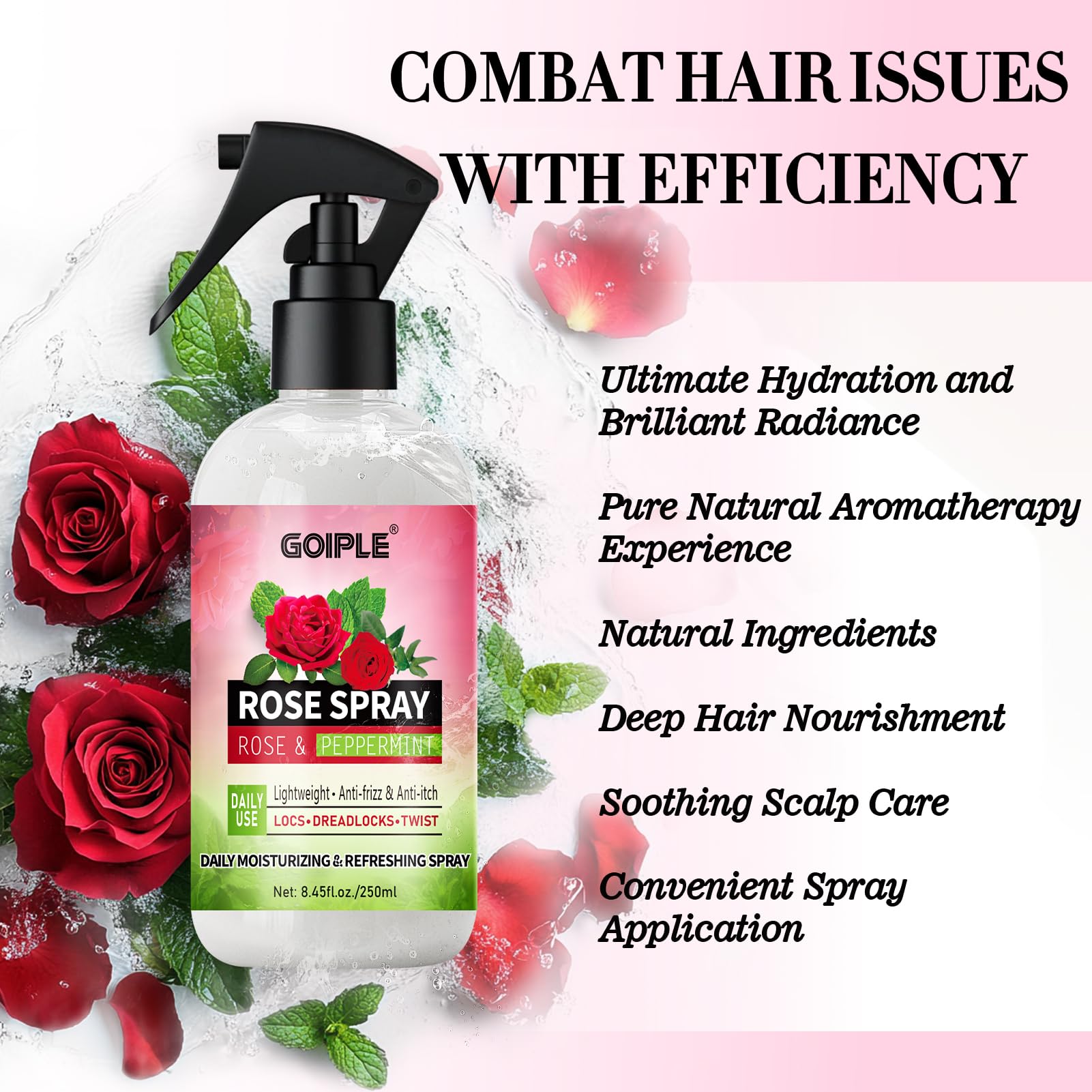 Goiple Rose Water Spray for dry locs delivers instant moisture and a cooling feel.