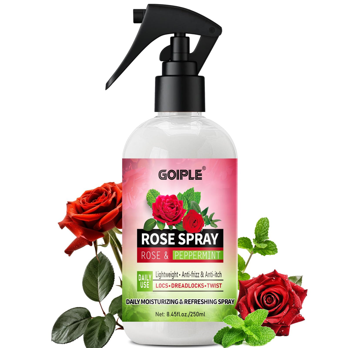 Goiple Rose Water Spray for Locs bottle offers lightweight hydration and natural shine.