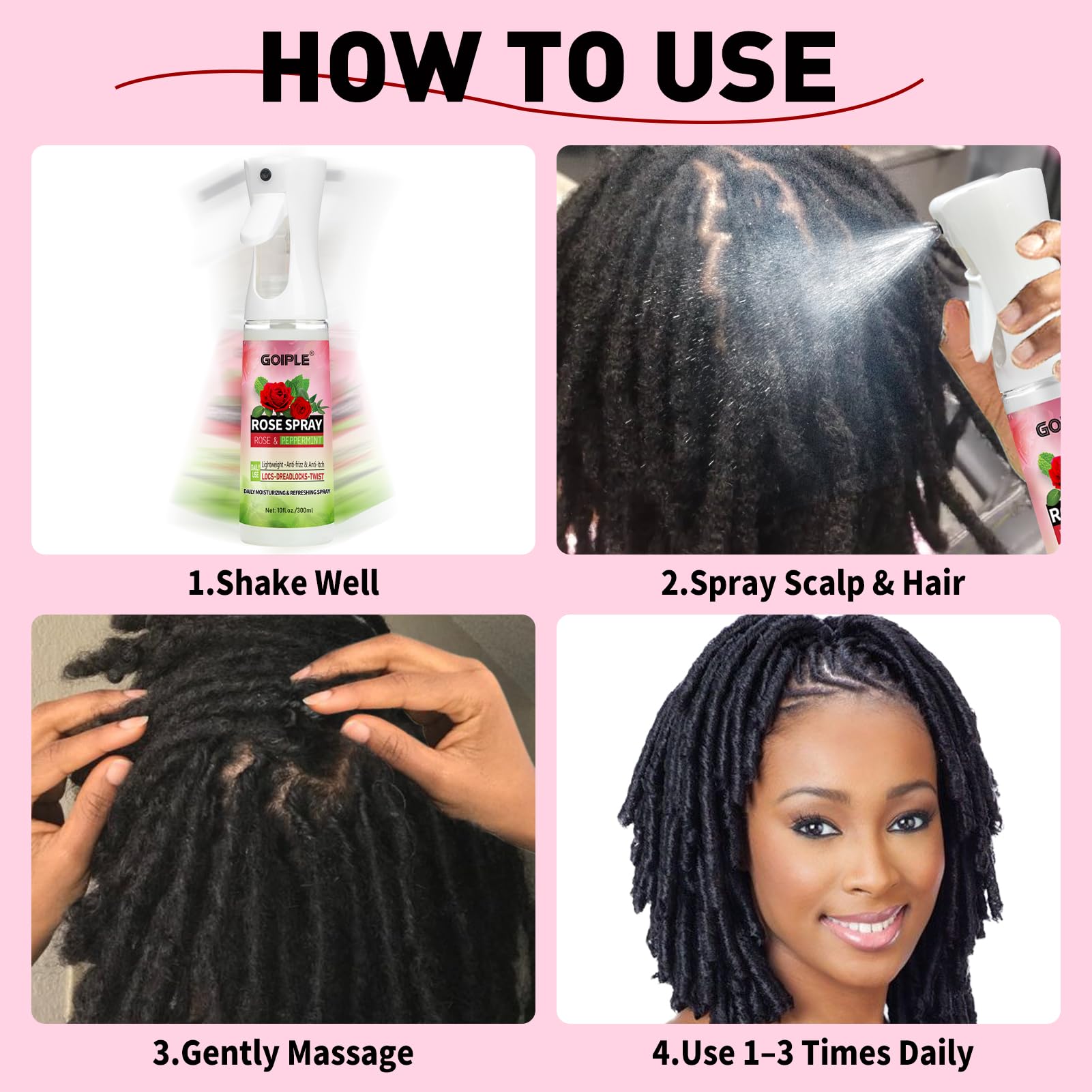 Goiple Rose Water Spray adds shine to clean, healthy-looking locs.