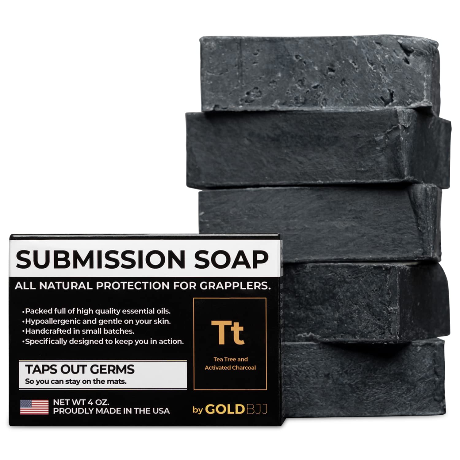 Gold BJJ premium tea tree oil soap bar on display for post-training refresh