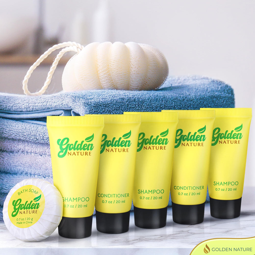 Golden Nature bulk hotel toiletries packaging simplifies restocking in guest rooms