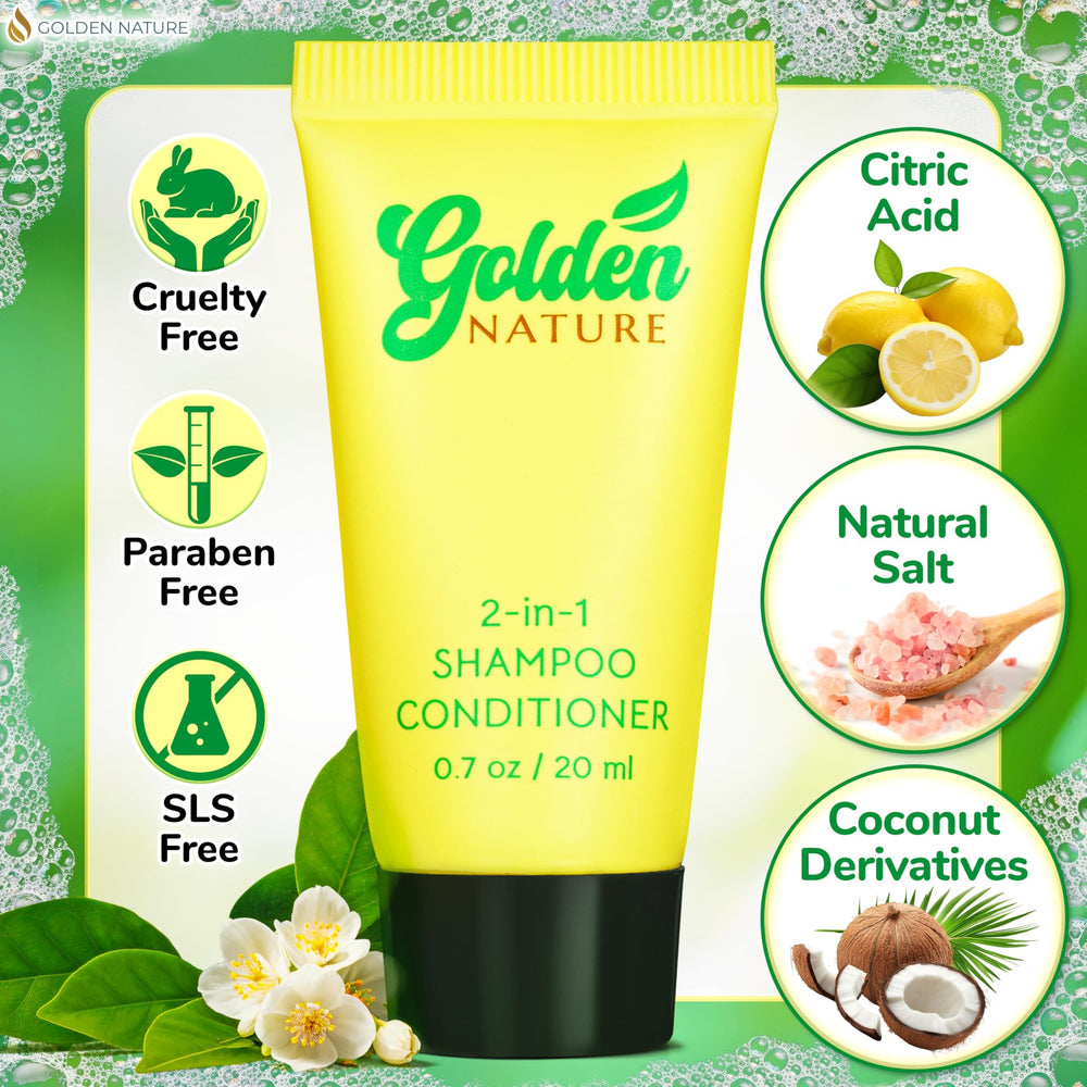 Golden Nature mini bottles in bulk packaging for guest rooms and care kits.