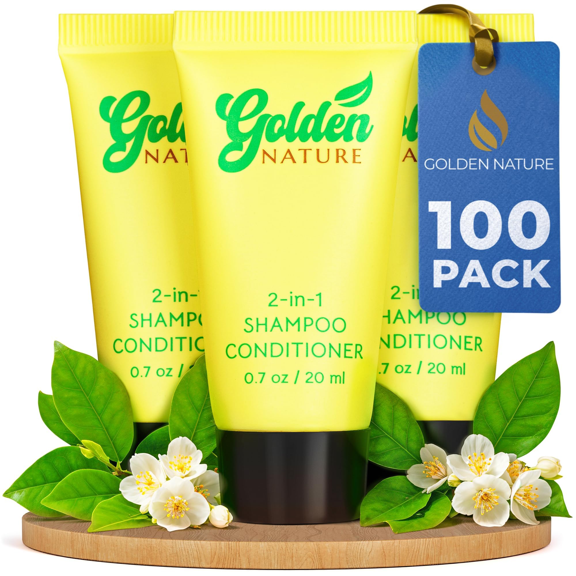 Golden Nature travel-size jasmine shampoo and conditioner bottle for hotel guests.