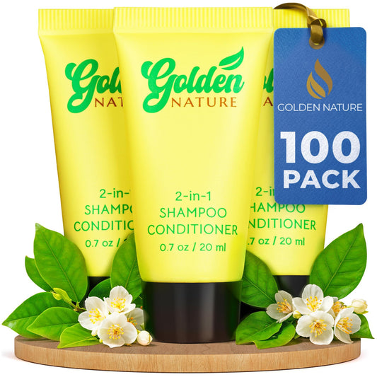 Golden Nature travel-size jasmine shampoo and conditioner bottle for hotel guests.