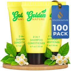 Golden Nature travel-size jasmine shampoo and conditioner bottle for hotel guests.