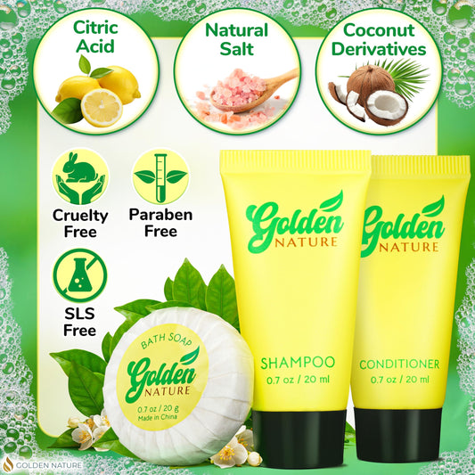 Golden Nature jasmine shampoo bottle ensures refreshed guests during stays