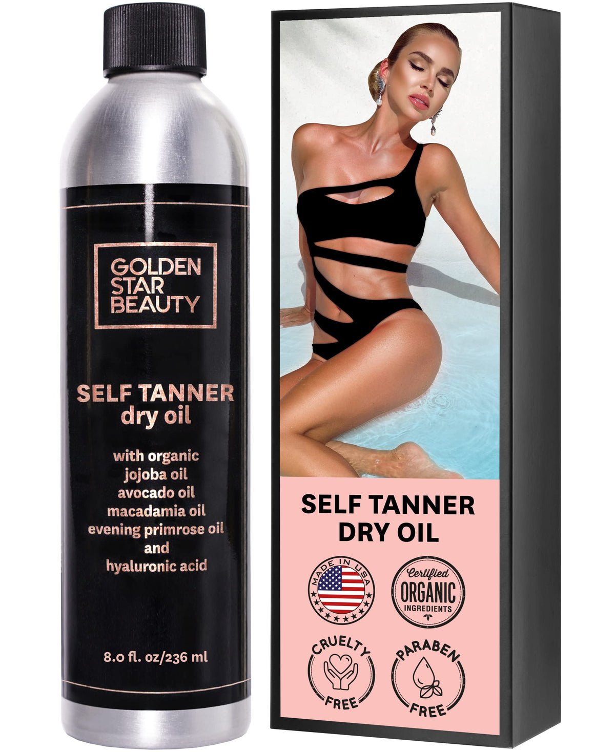 GOLDEN STAR BEAUTY self-tanner oil bottle for a natural, even tan