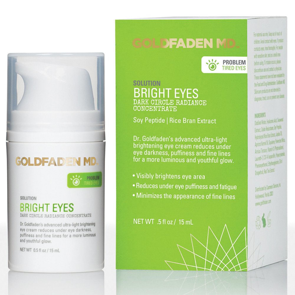 GOLDFADEN MD Bright Eyes concentrate tube close-up may brighten the under-eye area.