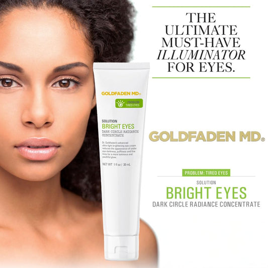Goldfaden MD Bright Eyes ingredients close-up highlighting Soy Peptide and Arnica benefits.