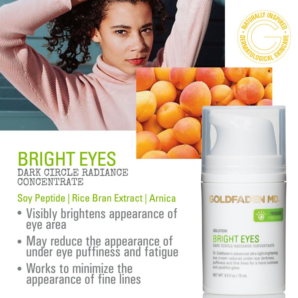 GOLDFADEN MD Bright Eyes ingredients soy peptide, arnica and rice bran for nourishment.