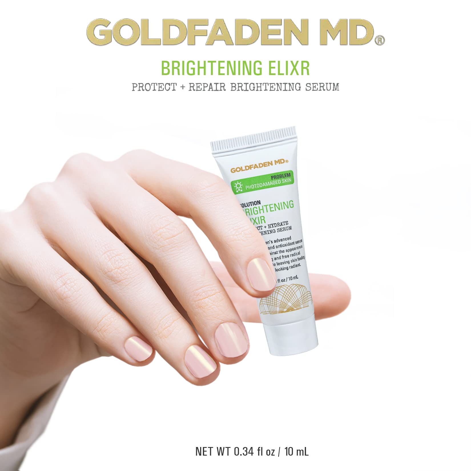 Goldfaden MD Brightening Elixir ingredients label featuring vitamin C and ferulic acid