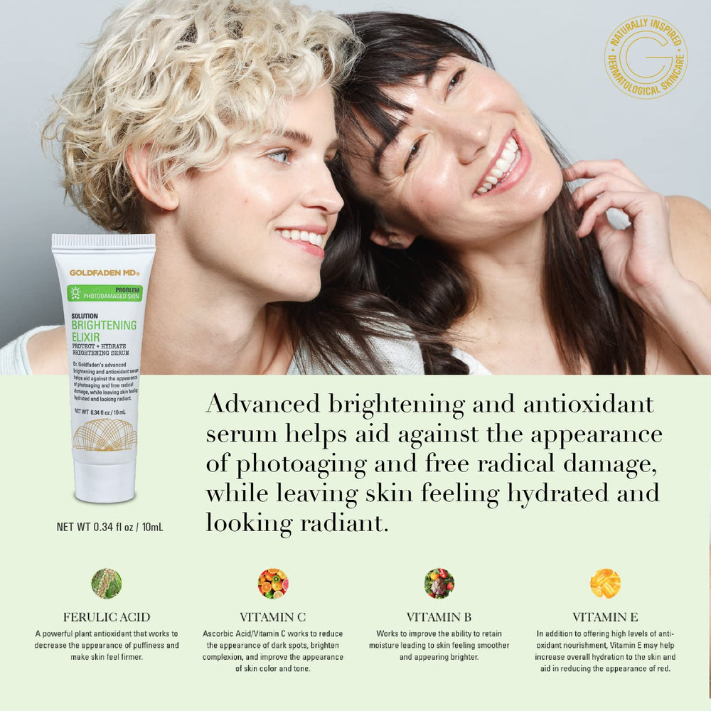 Goldfaden MD Brightening Elixir packaging signals premium, dermatologist-developed care for aging skin