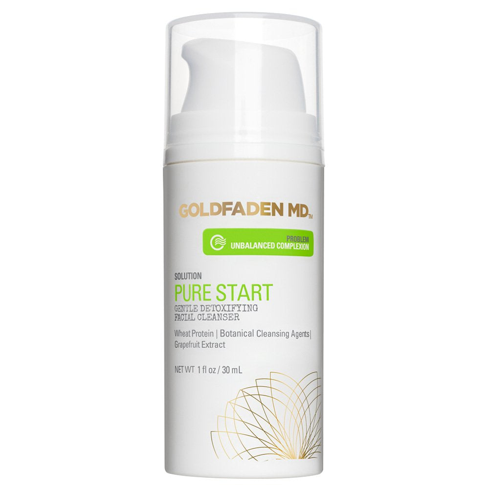 GOLDFADEN MD Pure Start bottle pour showing a gentle detox for balanced skin.