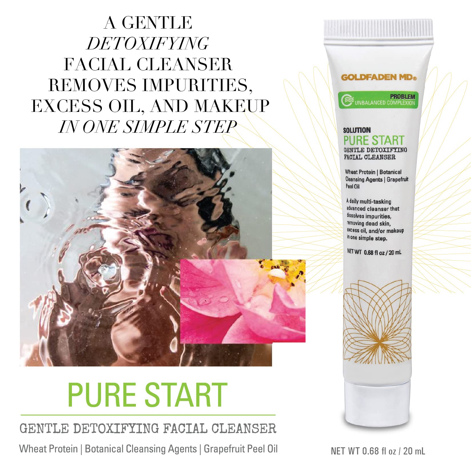 GOLDFADEN MD Pure Start display of grapefruit oil ingredient promoting refreshing skin.