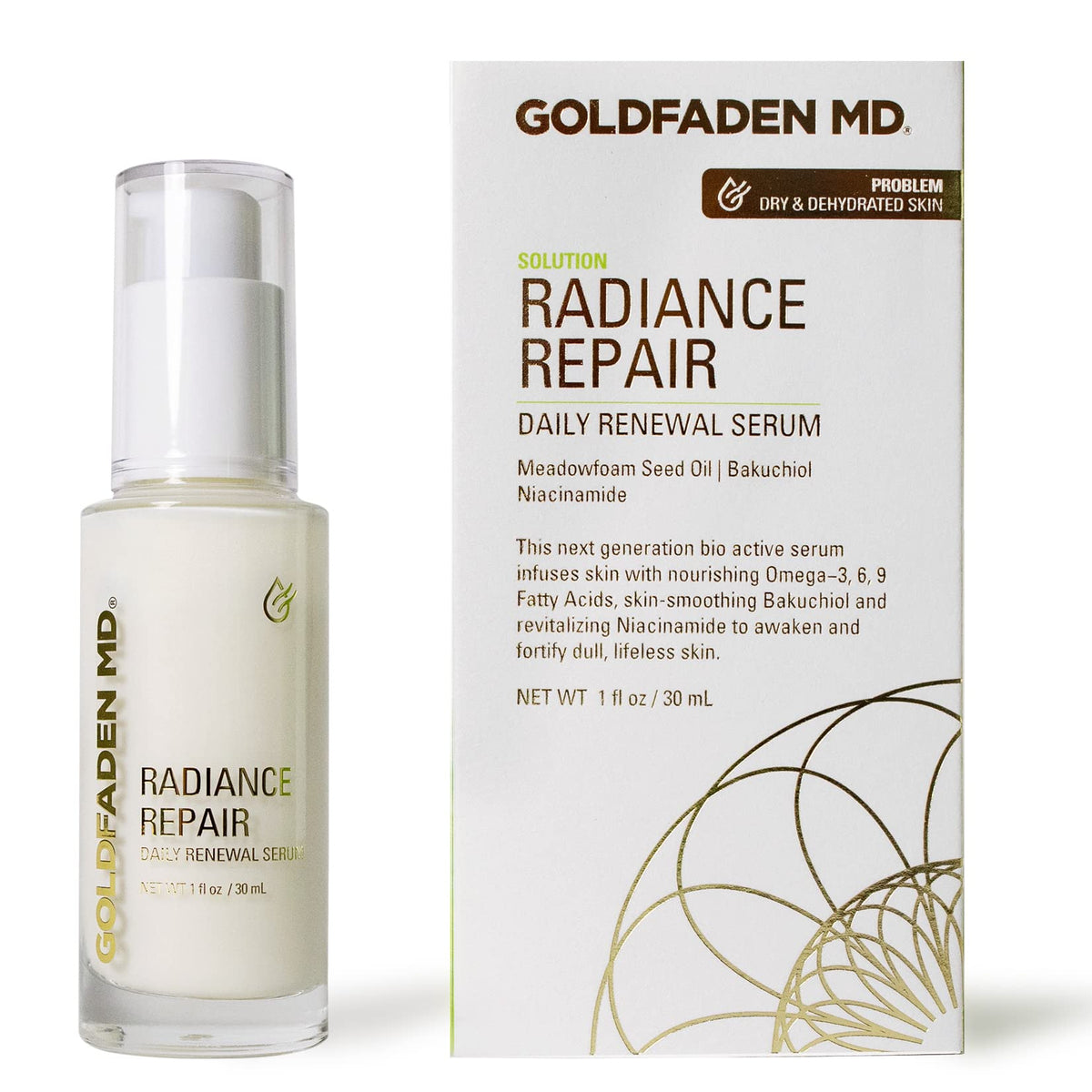 Goldfaden MD Radiance Repair serum bottle demonstrates a light, nourishing formula for radiant skin.