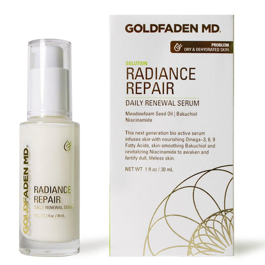 Goldfaden MD Radiance Repair serum bottle demonstrates a light, nourishing formula for radiant skin.