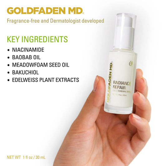 Goldfaden MD serum pump-action enables clean, easy daily application.