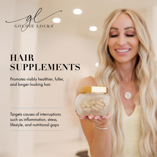 Goldie Locks capsules closeup highlighting biotin and collagen blend.