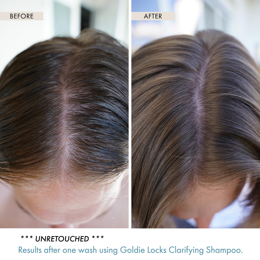 Goldie Locks Clarifying Shampoo bottle graphic suggests champagne-derived AHAs for residue lift.