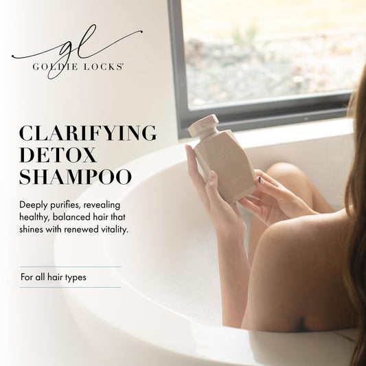 Goldie Locks Clarifying Shampoo label close-up highlights color-safe formula for extensions.