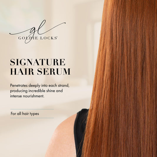 Goldie Locks Serum being applied to hair for smooth, controlled styling.