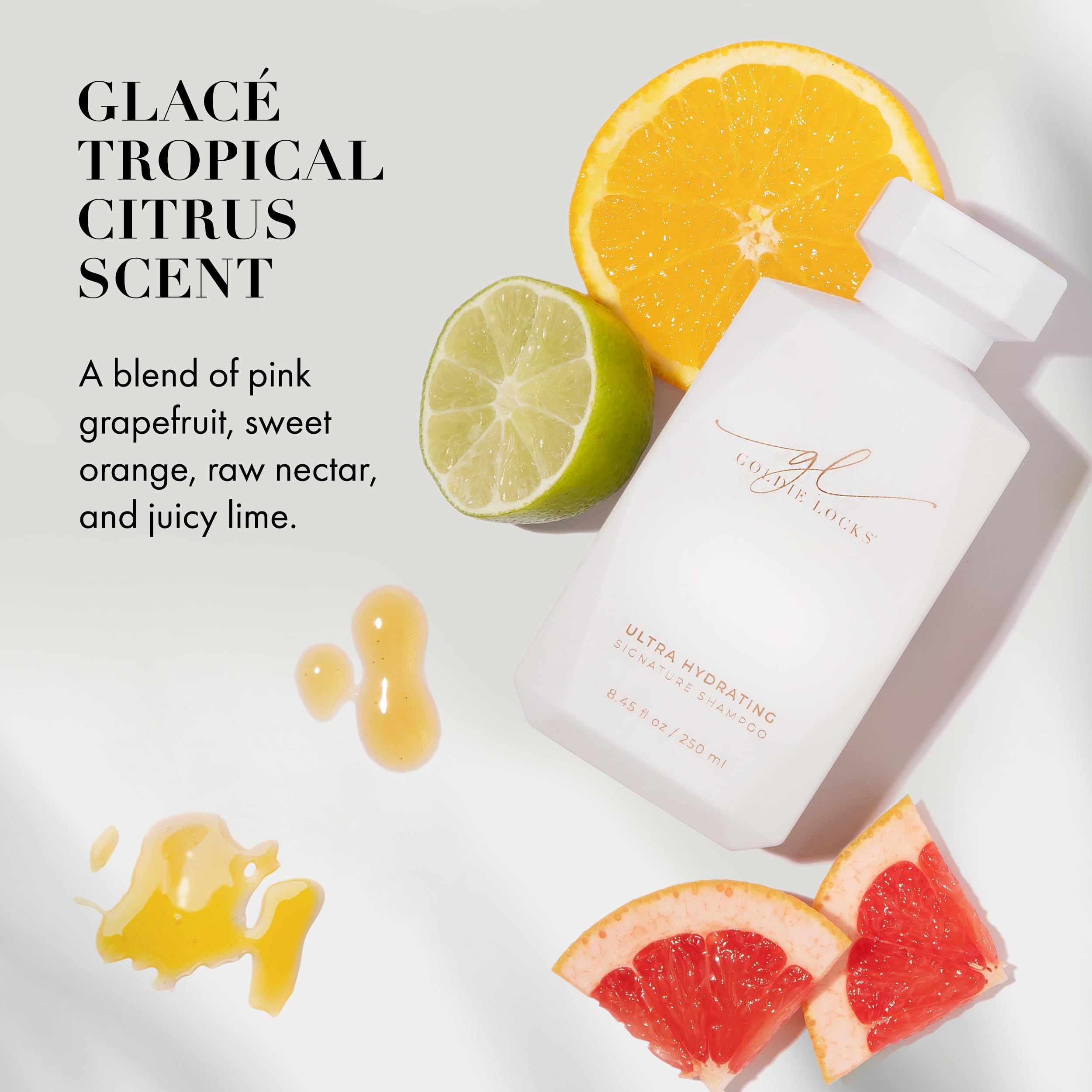 Goldie Locks shampoo next to color-treated hair to illustrate color-safe cleansing.