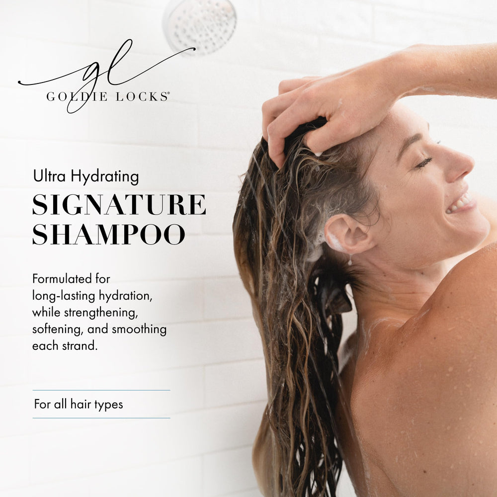Goldie Locks Ultra Hydrating Shampoo foamy lather implies gentle cleansing and frizz control.