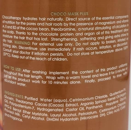 Golez Choco Mask Plus label closeup highlights cocoa butter and argan oil.