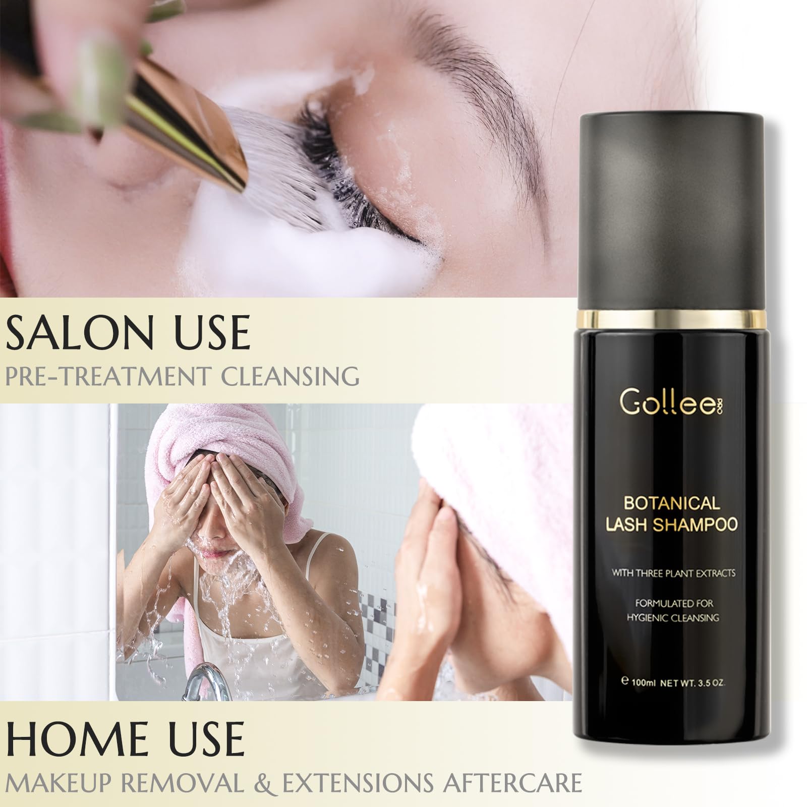 GOLLEEPRO Lash Shampoo cleansing natural lashes in a calm scene.