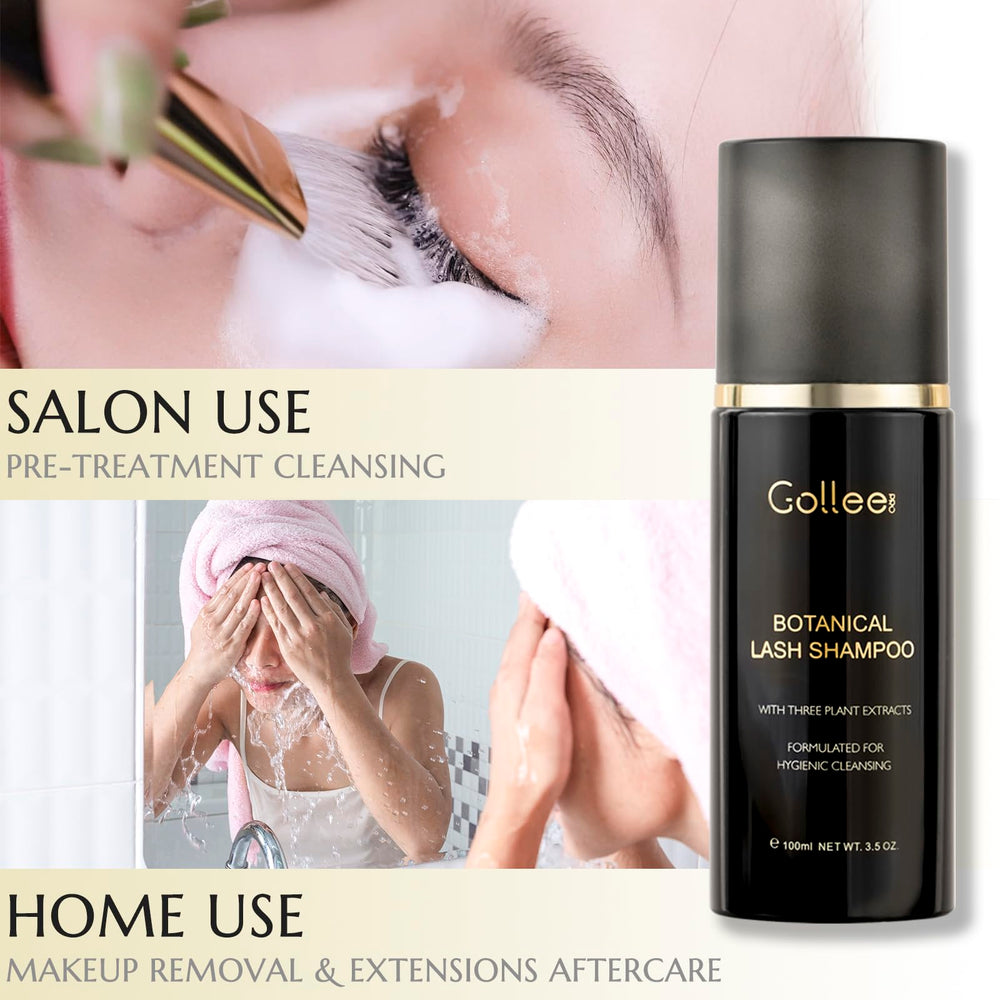 GOLLEEPRO Lash Shampoo cleansing natural lashes in a calm scene.