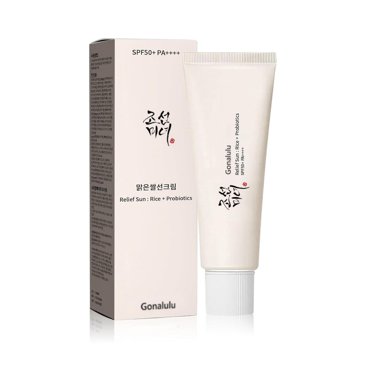Gonalulu Relief Sun sunscreen bottle with SPF50+ and hydrating formula for all skin types