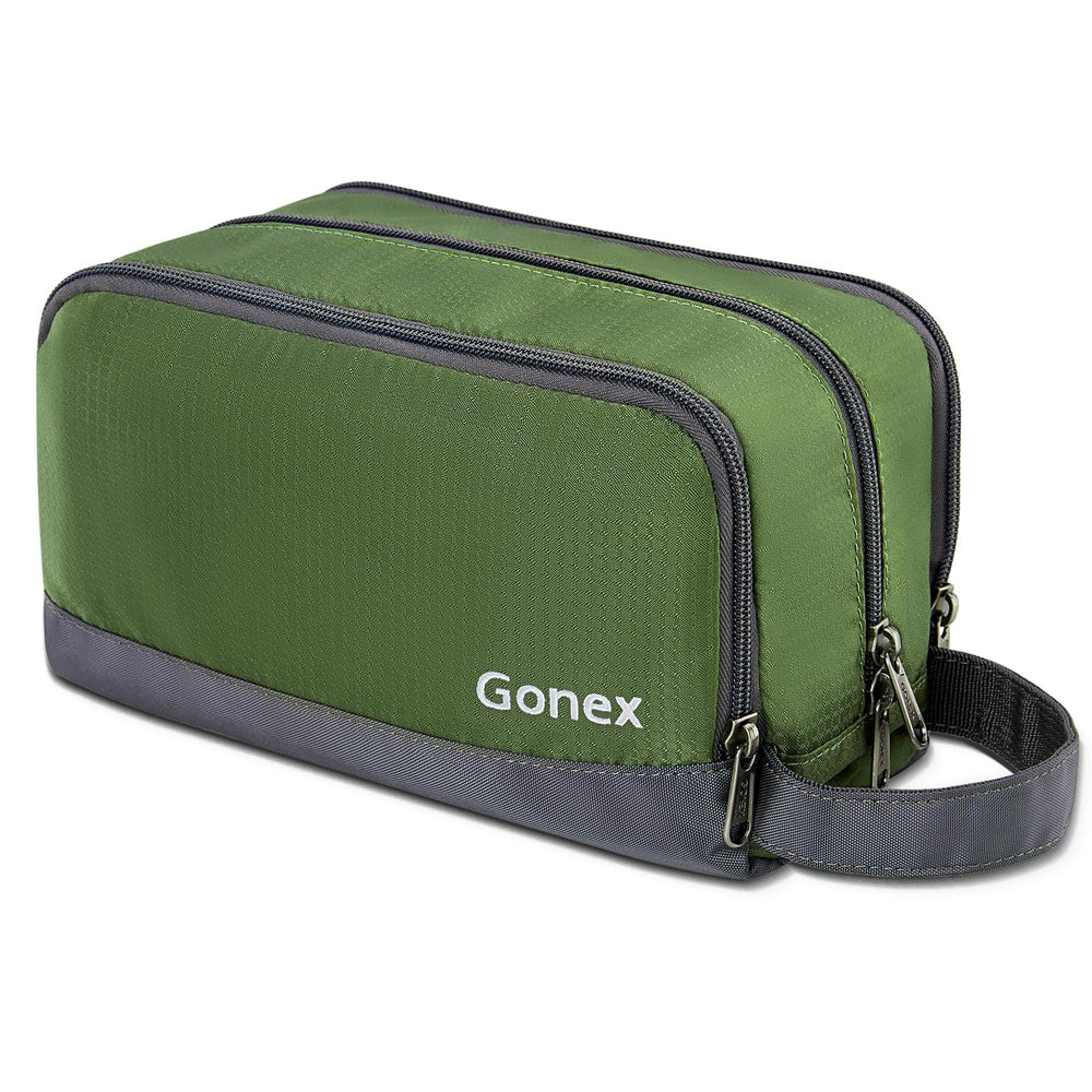 Gonex travel toiletry bag olive green front view, compact and organized for trips.