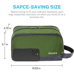 Gonex travel toiletry bag open main compartment shows space for shampoos and creams.