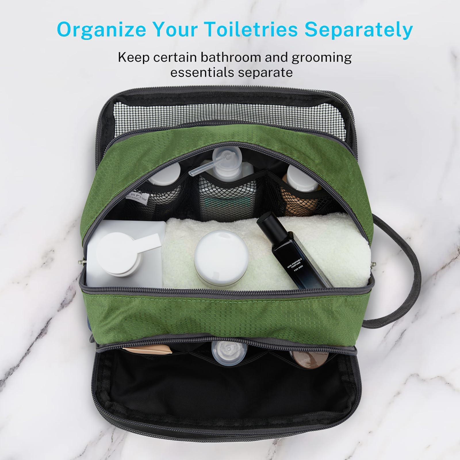 Gonex travel toiletry bag with zippered mesh pocket for small items.