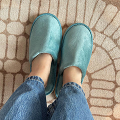 Close-up of GONG GONG crystal velvet texture on slippers