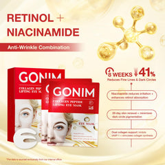 GONIM eye patches shown around the eye area to address dark circles and puffiness