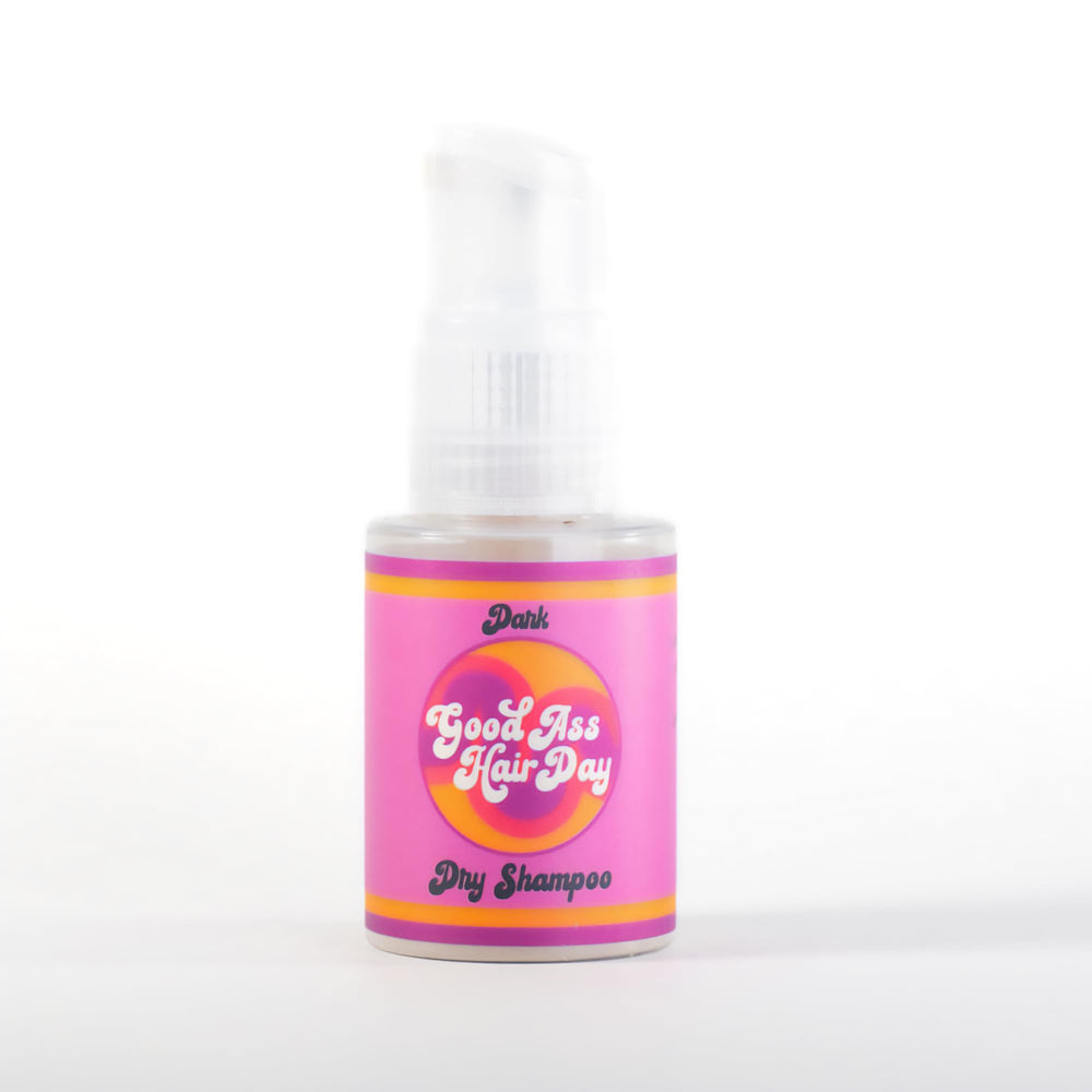 Good Ass Hair Day dry shampoo powder in compact bottle refreshing dark hair with no white cast
