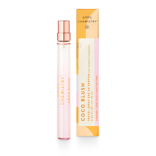 Good Chemistry Coco Blush travel spray bottle for on-the-go fragrance.