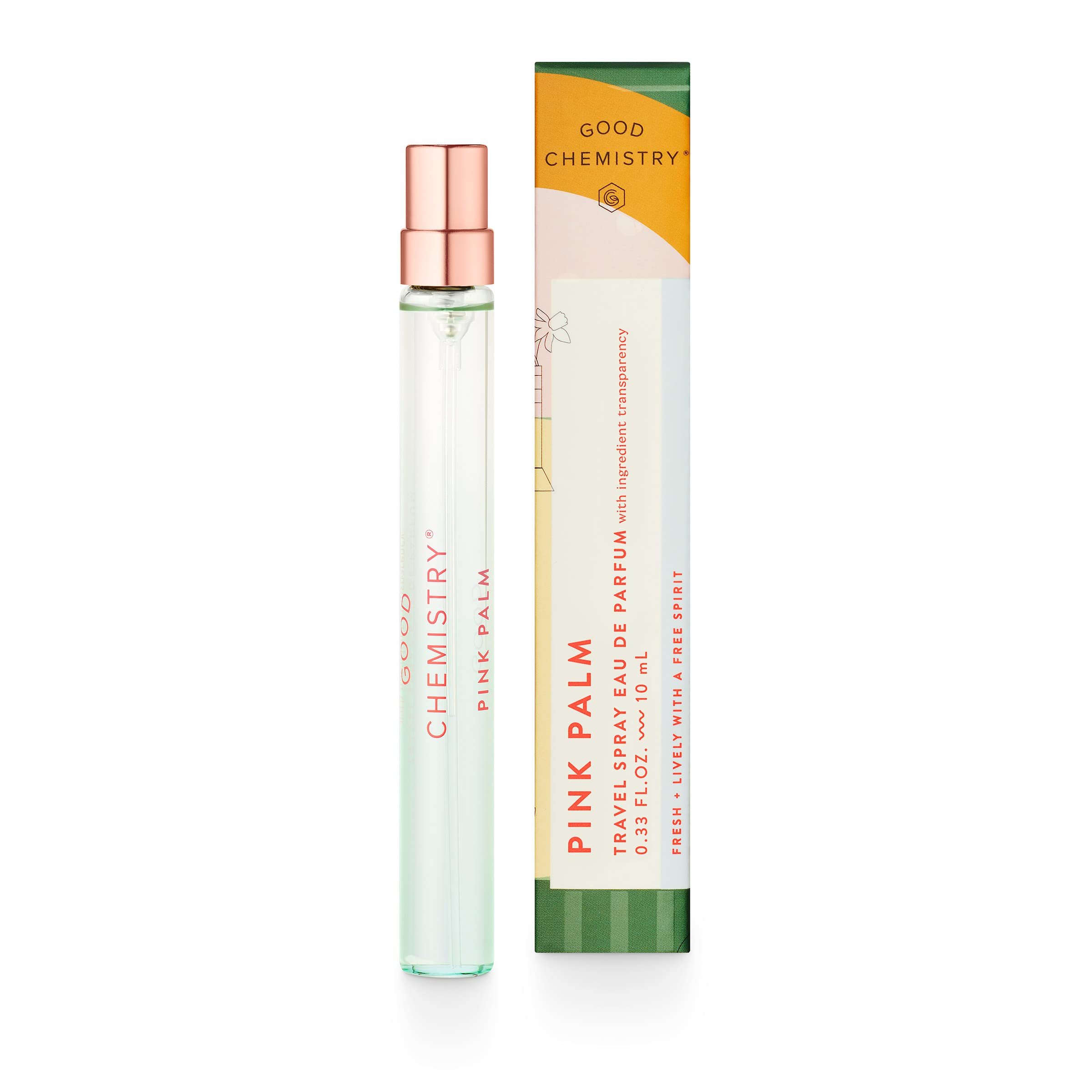 Good Chemistry Pink Palm travel spray bottle for on-the-go freshness.
