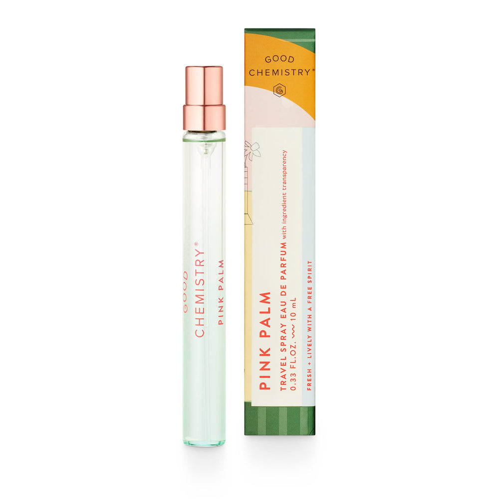 Good Chemistry Pink Palm travel spray bottle for on-the-go freshness.