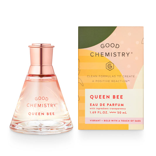 Good Chemistry Queen Bee bottle closeup highlights bold notes for confident daytime wear.