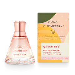 Good Chemistry Queen Bee bottle closeup highlights bold notes for confident daytime wear.