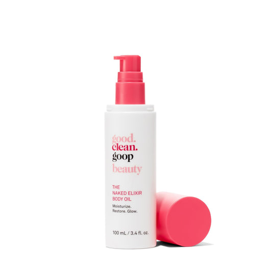 good.clean.goop Naked Elixir Body Oil bottle delivers hydrated skin and barrier support.