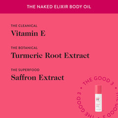 After application, Naked Elixir Body Oil yields a healthy glow and dewy finish.
