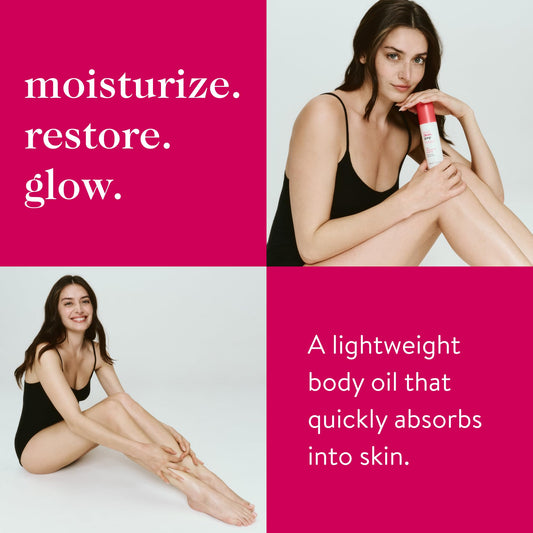 Pouring Naked Elixir Body Oil demonstrates easy, fast absorption for daily use.