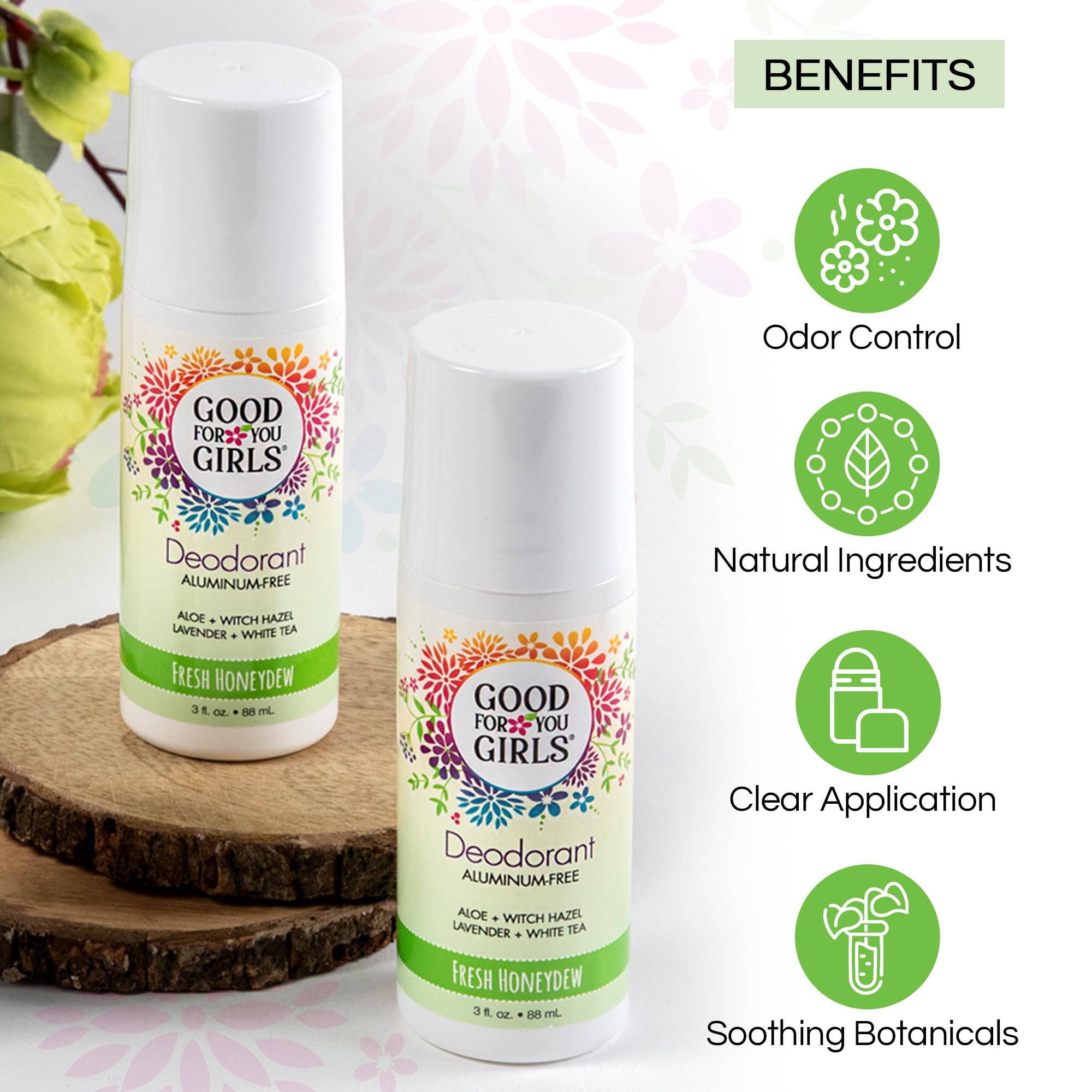 Good For You Girls aluminum-free ingredients list highlighting plant-based formula.