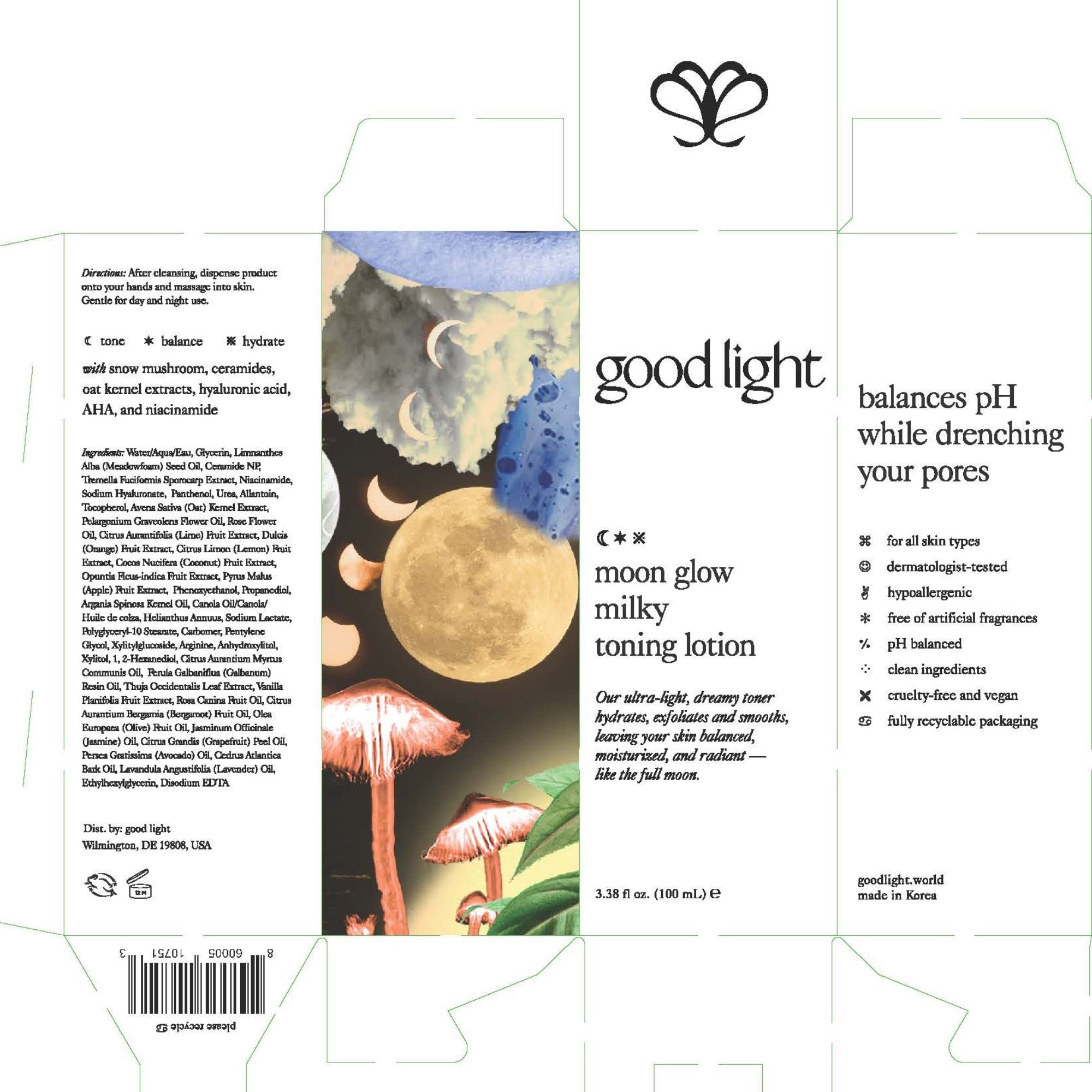 Good Light Moon Glow Milky Toner bottle with cotton pad usage.